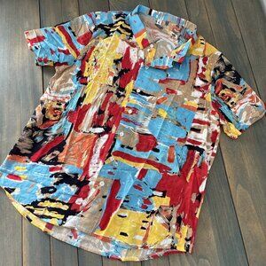 Vintage ChArmkpR Colorful Abstract Polyamide Short Sleeve Shirt Men's Large (D9)